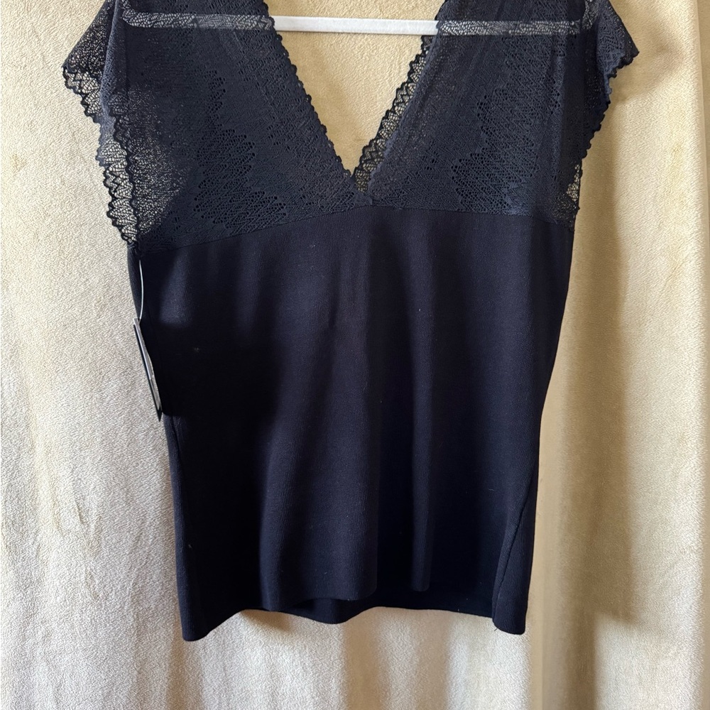 Nicole Miller Black Knit Top/Sweater with Lace Detail Size L - Picture 8 of 13